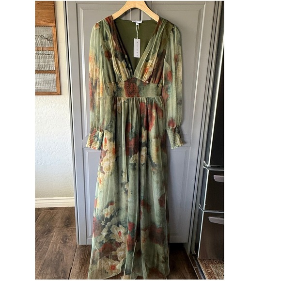 Baltic Born Dresses & Skirts - Baltic Born Layla Tulle Maxi Dress Women M Olive Rust NWT Floral Smocked V-Neck